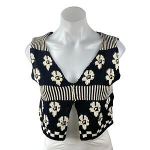 Tach Clothing Loreza Black Floral Sleeveless Slit V Neck Knit Tank Crop Top XS